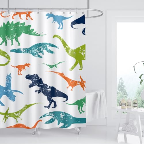 Image of Dinosaur Shower Curtain Colorful Kid Cartoon Jurassic Children Dino Elasmosaurs Themed Bath Curtain Waterproof Fabric Bathroom Decor 72x72 Inch Plastic Hooks 12 PCS