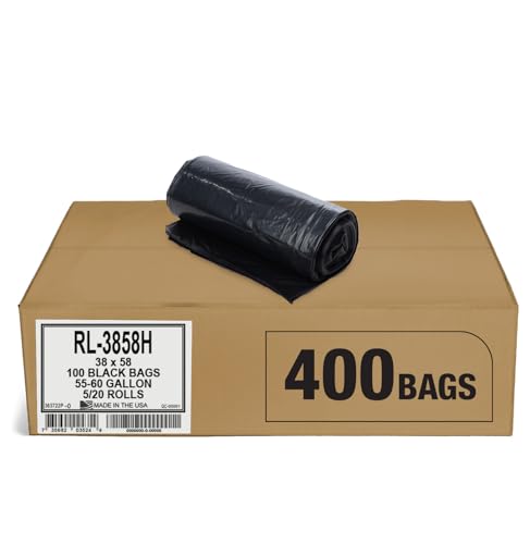 Image of Aluf Plastics 55-60 Gallon Trash Liners - (Value 400 Pack) - 1 MIL Strength Black Plastic Garbage Bags 38 inchx 58 inch for 50-55 Gal Cans - Fits Toter, Rubbermaid Brute, Carlislie Bronco etc. (RL-3858H)