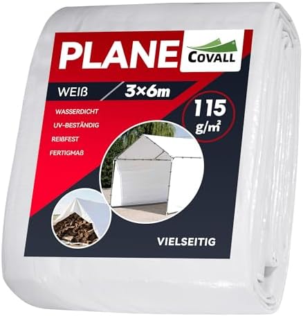 COVALL Abdeckplane mit Ösen Wasserdicht, Weiß Plane 3x6m, 115g/m² Gewebeplane, Reißfest, UV-beständig LKW Plane, Multifunktionale Schutzplane Holz Bauplane Garden Outdoor