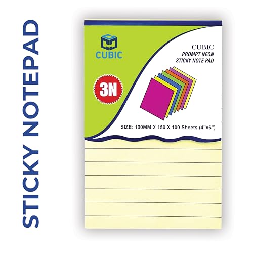 Image of Cubic Sticky Note Pad - 4x6 Inch (100mm x 150mm) - 100 Sheets - Lined Yellow Notepad with 3N Adhesive - Great for Office, School, Home, Reminder Notes & to-Do Lists