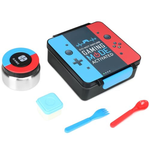 Image of Gamer Bento Lunch Box for Kids, 60 OZ Kids Lunch Box with 8 OZ Leakproof Stainless Steel Insulated Food Jar, 3-4 Compartments Bento Box for School, Includes Sauce Cup & Divider (Blue-Red-A)