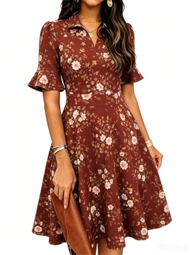 Image of Mokayee Womens Summer Ruffle Sleeve Collared V Neck Fit and Flare Elegant A line Swing Dresses with Pockets
