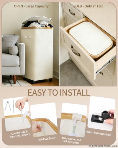 Image of Laundry Hamper with Wheels, 110L Large Clothes Hamper with Removable Inner Bag, Collapsible Dirty Clothes Basket for Dorm, Rolling Dirty Clothes Basket for, Bedroom, Bathroom, Laundry Room