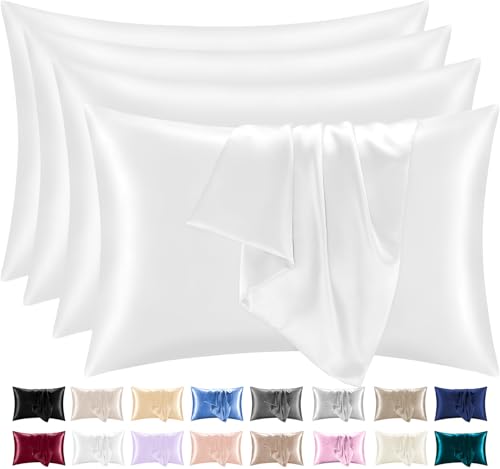 Image of Lazzaro Satin Silk Pillowcases for Hair and Skin - Hypoallergenic Silk Pillow Cases 4 Pack with Envelope Closure - Ultrasoft Standard Size White Silk Pillowcases (50 x 75 cm)