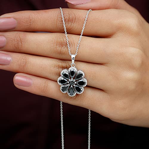 August Birthstone - Black Spinel Flower Pendant Necklace With Diamond, Certified Pear And Round Black Spinel Pendant For Women (3.50 Ct Gemstone, Aaa Quality), 14K White Gold, With Chain #TOP26