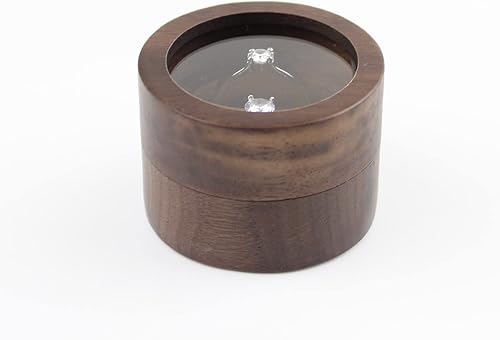 Miniatura 4 de Caja redonda de madera para anillos de joyería, caja de anillos de pareja con tapa transparente para compromiso, caja de boda, dos ranuras,