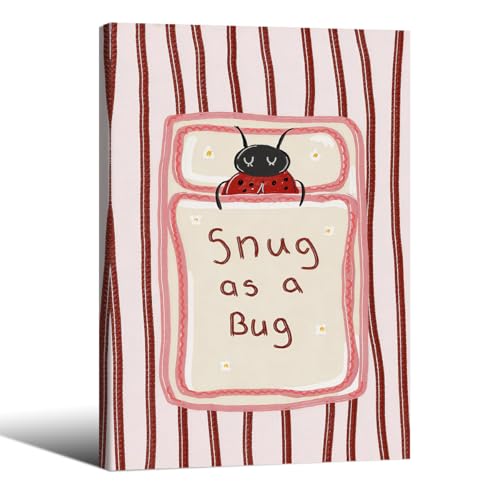 Wrapped Framed Fun Cute Ladybug Canvas Poster 16x24 inch Trendy Colorful Kids Wall Art Snug As A Bug Funny Quotes Prints for Nursery Home Bedroom Wall Decor