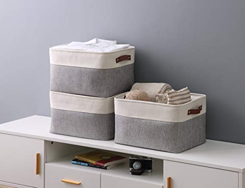 DECOMOMO Storage Bins | Fabric Storage Basket for Shelves for Organizing Closet Shelf Nursery Toy | Decorative Large Linen Closet Organizers with Handles Cubes (Grey and White, Large - 3 Pack)