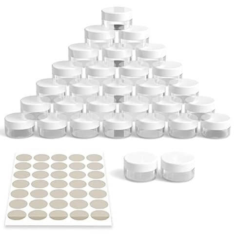 Newaner 30 sztuk kosmetycznych słoików, 10 ml przezroczysty mini słoik z zakrętką Plastikowe słoiki puszka z naklejkami, idealny do przenoszenia makijażu, kremów, mini świeczek (biały)