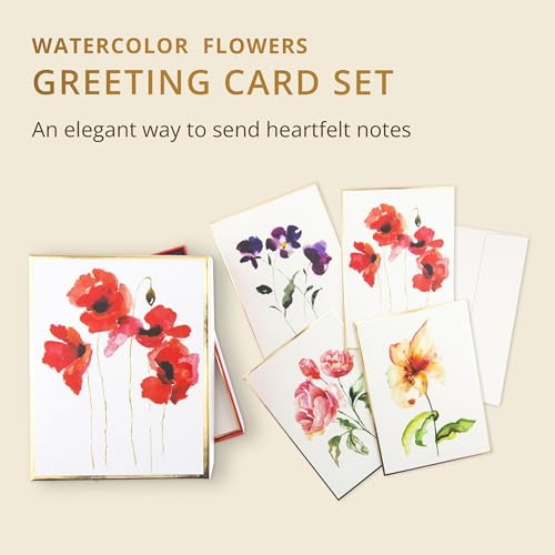 Image of Graphique Watercolor Flowers Greeting Cards | 20 Pack | All Occasion Blank Note Cards with Envelopes | 4 Assorted Floral Designs with Gold Foil Borders | Boxed Set for Personalized Notes | 4.25 inch x 6 inch