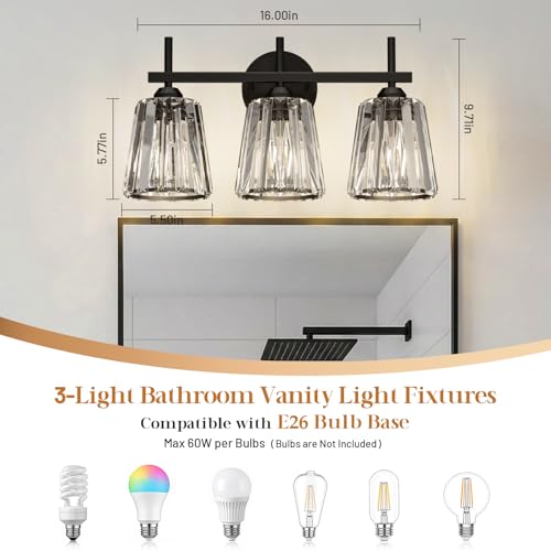 Image of Crystal Bathroom Light Fixtures Over Mirror, Black 3-Light Bathroom Vanity Lights Over Mirror Modern Wall Lighting Sconces with Ceramic E26 Base (Bulbs Not Include)
