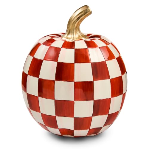 Image of MACKENZIE-CHILDS Resin Pumpkin, Small, Dark-Red-and-White Paprika Check