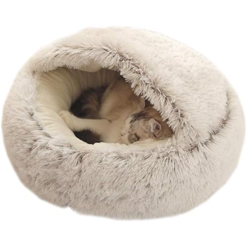 MCSWSEE猫ハウスペットベッド冬用保温ドーム型猫ベッド犬用ふわふわクッション通年対応可?い (【ショートパイル】白カーキ色の貝殻の巣,60cm)