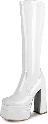 wetkiss Stacked Platform Knee High Boots for Women With High Chunky Heel, Gogo Boots for Women with Square Toe Side Zipper Stretch Boot