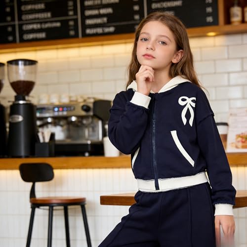 Image of Yoxindax Girls' 2-Piece Clothes Bow Print Zip-Up Hoodie Contrast-Color Wide-Leg Pants Winter 7-14Y Outfits Set