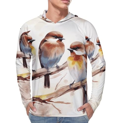 Men's Sun Shirts UPF 50+ Rash Guard Long Sleeve Sun Protection Hoodie Birds Resting on Tree Branch Lightweight Shirt XL White4