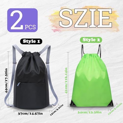 FuninCrea 2 PCS Drawstring Backpack, Waterproof Drawstring Bags Gym Bag for Women Men, Draw String Back Bag Adjustable Strap (Black)2