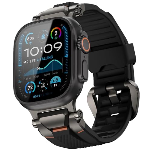 Image of ULTIMAL Rugged Band for Apple Watch Ultra 3 /2 /1 49mm, Series 11 /10 /9 /8 /7 /6 /5 /4 SE 46mm /45mm /44mm, Waterproof, Soft TPU Strap with Stainless Steel Buckle & Connectors, Sweat-Resistant, Easy to Clean, Fits 155-225mm Wrist (Black /Gray)