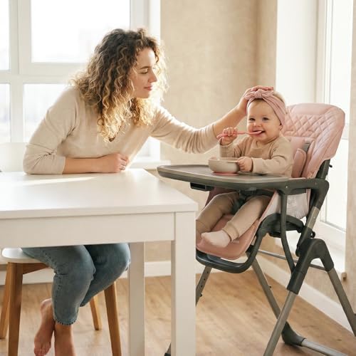 INFANS Baby High Chair, Convertible Quick Folding Portable Highchair for Babies and Toddlers with Adjustable Height Backrest Footrest 2 Wheels Removable Tray, Easy to Clean PU Seat (Pink) - Image 3