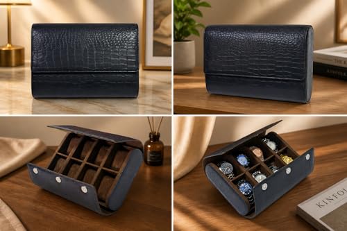 Image of essart 8-Slot Travel Watch Organizer - Elegant PU Leather Watch Roll for Collectors, Scratch-Proof & Portable Storage Watch roll case for men & women
