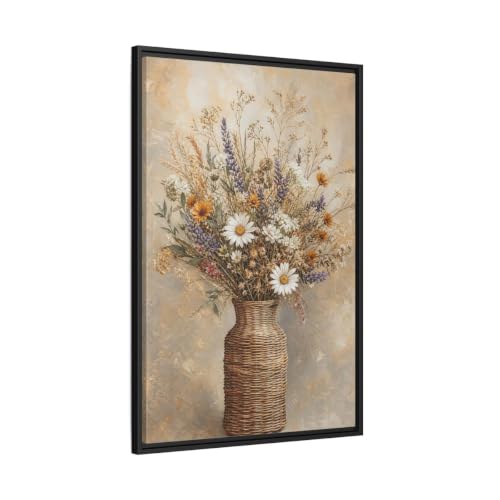Toile imprimée fleurs sauvages marron beige 60x90 cm avec cadre noir