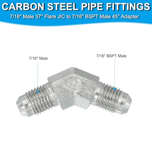 Image of PATIKIL Hex Reducing Nipple Connectors Pipe Adapter 7 /16 inch Male 37 Flare JIC x 7 /16 inch g Male 45 Adapter, Pipe Fitting Reducer Nipple Adapter Plated Steel Hydraulic Fitting