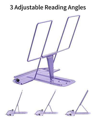 MSDADA Metal Book Stand for Desk, Adjustable Reading Rest Book Holder, Portable Cookbook Documents Holder, Sturdy Typing Stand for Recipes Textbooks Tablet Music Books with Page Clips (Purple)