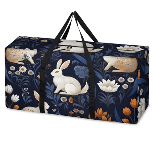 Abstract Rabbit Extra Large Moving Bags Heavy Duty Storage Bags Ethnic Flowers Cloth Wrap Around Handles Double Zipper Reusable Convenient Foldable Storage Tote for Travel Camping Space Save