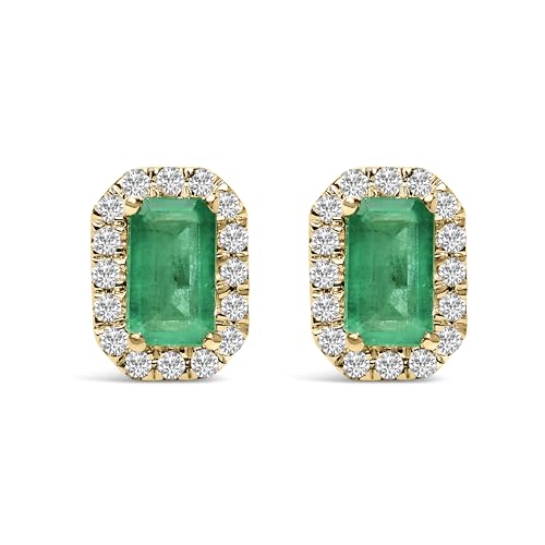 10K Yellow Gold 5x3mm Emerald-Cut Green Emerald and 1/7 Cttw Diamond Halo Octagonal Stud Earrings (I-J Color, I1-I2 Clarity)