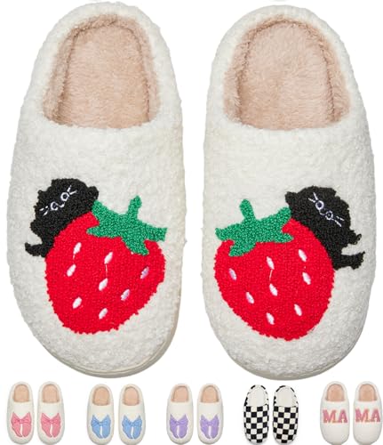 Cxiboh Teen Girls Trendy Gifts Cute Strawberry Slippers for Women Memory Foam Cat Shoes for Indoor OutdoorStrawberry-Cat3839