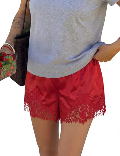 LOMON Women Satin Silk Lace Shorts Low Rise Mini Shorts Coquette Lounge Half Slip Pj Bottoms French Knickers Brick Red S