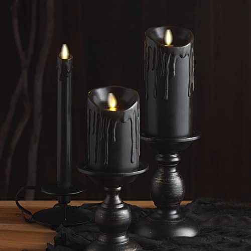 Image of Luminara Black Single Wax Drip Flameless Candle Tapers (1 x 9.5 inch), Moving Flame LED Candle Unscented Real Wax with Dripped Top Timer Function, Table, Mantel, Holiday Decoration