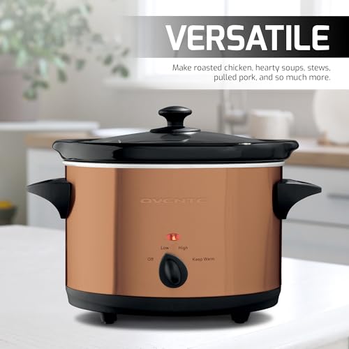 Image of OVENTE 4-Quart Electric Slow Cooker with 3 Temperature Setting, Removable Ceramic Pot, Dishwasher Safe Glass Lid, Stainless Steel Body, Ideal for Entrees, Soups, Sauces, Stews & Dips, Copper SLO40ACO
