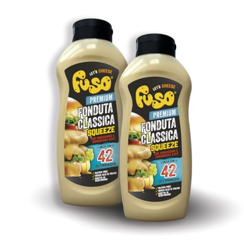 Aperisnack® - AP05.006.15X2 - Kit 2 Bottiglie di Formaggio FUSO Squeeze, da 950g, Fonduta Classica, Pronto all'uso con Parmigiano Reggiano e Gorgonzola D.O.P.