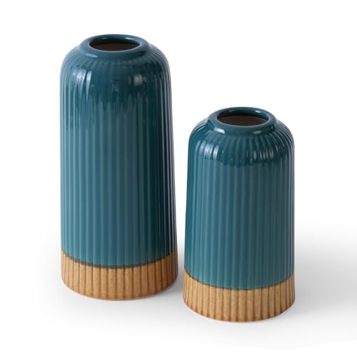 Image of PUREZENTO 'EmeraldDuo' Ceramic Ribbed Vase 6 & 8 Inch - Set of 2 | Decorative Ribbed Vase for Dried Flowers & Pampas Grass | Centerpiece Vases for Modern Home Decor, Living Room, Office Decor Ideas
