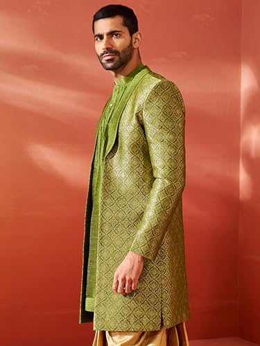 Image of VASTRAMAY mens VASTRAMAY Men's Green Silk Blend Sherwani.