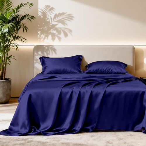 Image of Soft and Silk Satin Bedsheet for Single Bed - 400 TC Romantic Bedsheet Set for Bedroom | Bridal Wedding Bedsheet with Pillow Cover | Ideal for Gifting Navy Blue, Single Bed