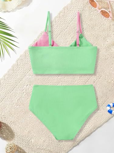 Image of Girls Swimsuit Color Block Twist Bathing Bikini Suit Adjustable Straps Girls 2 Piece Swimsuit 7-14 Years