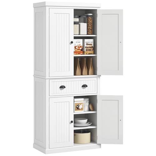 HOMCOM 72' Kitchen Pantry Cabinet, Freestanding Tall Storage Cabinet, Traditional Kitchen Cabinet with 4 Doors, Drawer and 3 Adjustable Shelves for Dining Room, White