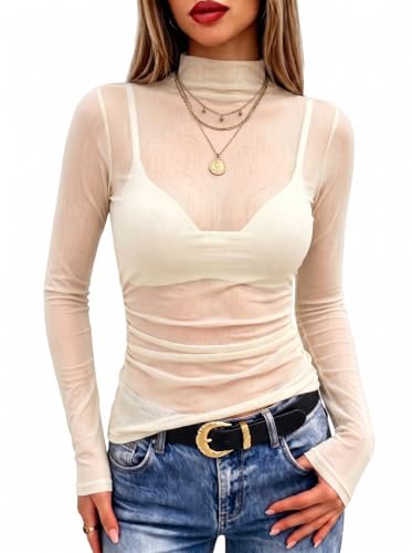 Image of Meetrendi Women's Ruched Mesh Top Sheer Long Sleeve Mock Neck Shirts