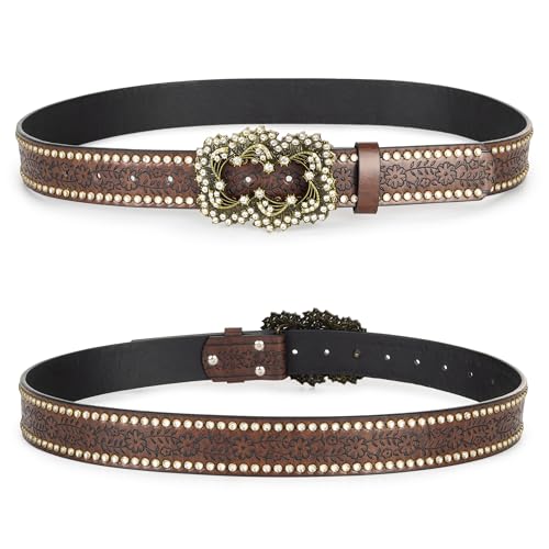 FGSS Women Rhinestone Embossed Belts Fashion PU-Leather Waist Belt Western-Cowboy Cowgirl Belts with Diamond Buckle3
