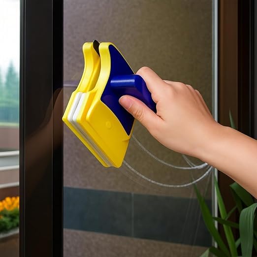 Image of Magnetic Window Glass Cleaner Double-Sided Megnetic Wiper Cleaning Pads Double-Face Window Cleaning Brush for Sliding Windows & High Rise Glass With 2 Extra Cleaning Cotton Squeegees (Yellow)