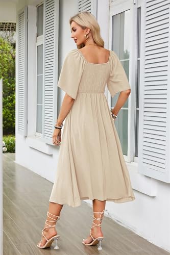 GOLDSTITCH Summer Dress for Women 2025 Casual Short Sleeve Bow Tie V Neck Smocked High Waist A-Line Flowy Midi Dress3