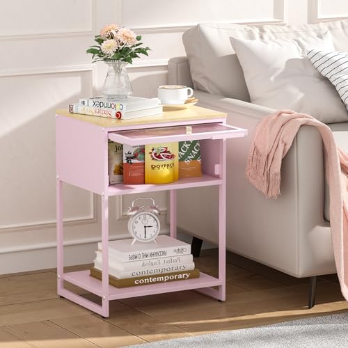 Pink-NightstandEnd-Tables-with-Storage-DrawerBedside-Table-with-Open-Storage-ShelfMetal-Side-TableDurable-Wood-Top-Side-Table-for-BedroomLiving-RoomDormGuest-BedroomPink Pink NightstandEnd Tables with Storage DrawerBedside Table with Open Storage ShelfMetal Side TableDurable Wood Top Side Table for BedroomLiving RoomDormGuest BedroomPink