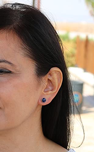 Echmeck Sterling Silver 925 Round Stone Handmade Stud Earrings For Women (Blue Lapis Lazuli - 9Mm) #TOP3