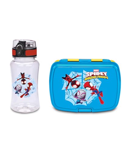 Seven Set Fiambrera + Botella Spiderman, Divisor Interior, Botella 460 ml hermética, fácil de Abrir, Producto Oficial, Idea Regalo niños, Escuela y guardería