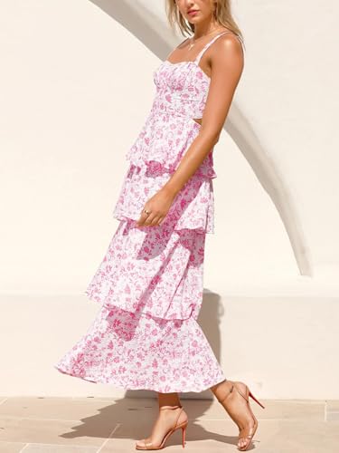 Fisoew Womens Floral Maxi Dresses Spaghetti Strap Casual Sleeveless Ruffle Flowy Tiered Dress2