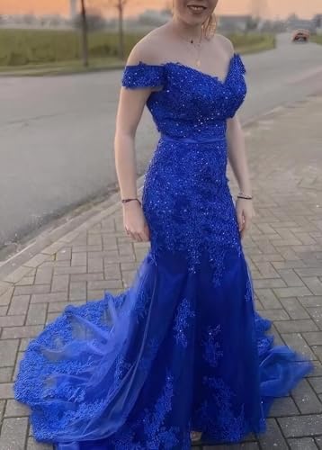 Off Shoulder Lace Prom Dresses for Women Mermaid Wedding Dress Long Formal Evening Party Gown with Train PM0403