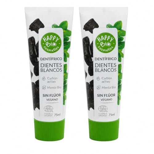 HappyBio Dentífrico Blanqueador Natural con Carbón Activo y Menta Bio – Pasta de Dientes Vegana Sin Flúor – Dientes Blancos y Aliento Fresco - Pack 2 x 75 ml