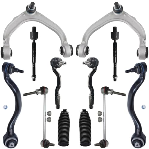 Image of Detroit Axle - 12pc Front End Kit for 2007-2013 BMW X5 2008-2014 X6, 4 Lower Forward and Upper Control Arms w /Ball Joint 2 Sway Bars 4 Inner Outer Tie Rods 2 Boots 2009 2010 2011 2012 Replacement